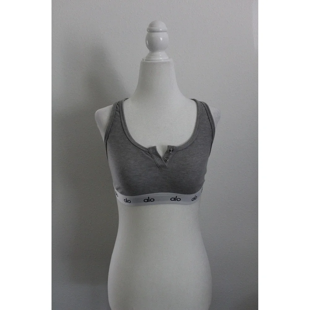 Alo Yoga Wellness Bra Heather Grey Ribbed‎ Henley Racerback Sport Bralette Small